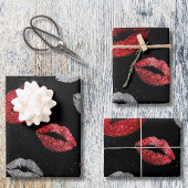 Valentines Red Silver Glitter Lips on Black  Geschenkpapier Set
