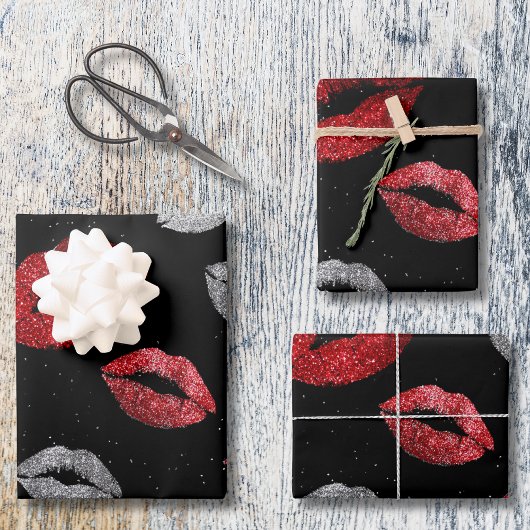 Valentines Red Silver Glitter Lips on Black  Geschenkpapier Set