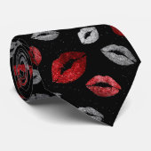 Valentines Red Silver Glitter Lips on Black  Krawatte (Gerollt)