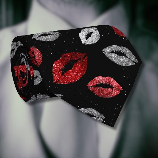 Valentines Red Silver Glitter Lips on Black  Krawatte