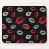 Valentines Red Silver Glitter Lips on Black  Mousepad (Vorne)