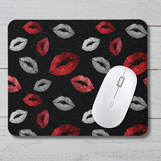 Valentines Red Silver Glitter Lips on Black  Mousepad