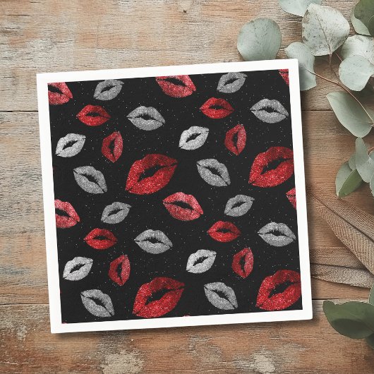Valentines Red Silver Glitter Lips on Black  Serviette