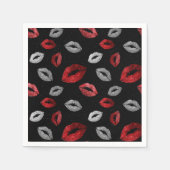Valentines Red Silver Glitter Lips on Black  Serviette (Vorderseite)