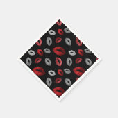 Valentines Red Silver Glitter Lips on Black  Serviette (Ecke)