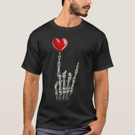Valentines Rock Star Skeleton Hand Sign Herz T-Shirt (Vorderseite)