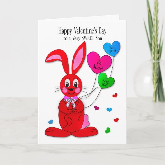 Valentines Son Red Bunny Heart Balloons Karte (Vorderseite)