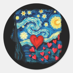 Valentines Starry Night Van Gogh Liebe Herzflöte Runder Aufkleber
