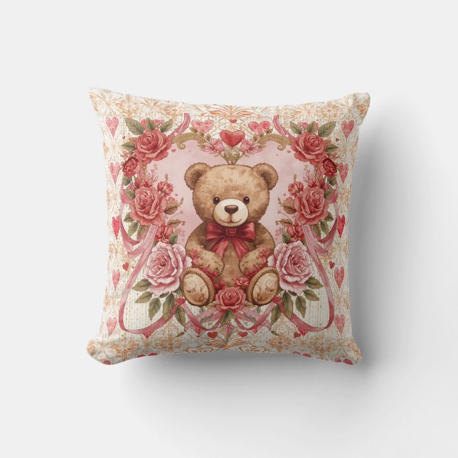 Valentine's ,Teddy Bear,Pink Love Heart and Flower Kissen (Vorderseite)