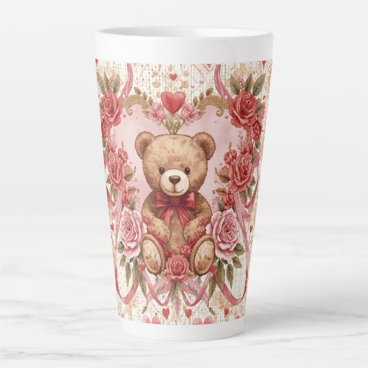 Valentine's ,Teddy Bear,Pink Love Heart and Flower Milchtasse (Vorderseite)