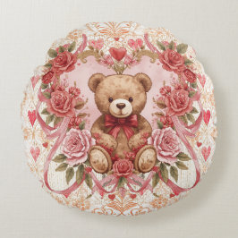 Valentine's ,Teddy Bear,Pink Love Heart and Flower Rundes Kissen