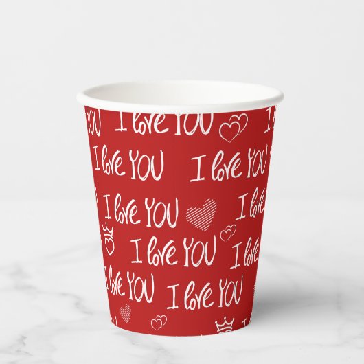 Valentine's Thema Red White I Liebe You Pattern Pappbecher (Vorderseite)