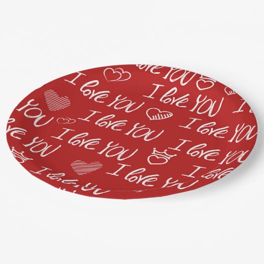 Valentine's Thema Red White I Liebe You Pattern Pappteller (Schrägansicht)