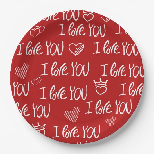 Valentine's Thema Red White I Liebe You Pattern Pappteller (Vorderseite)