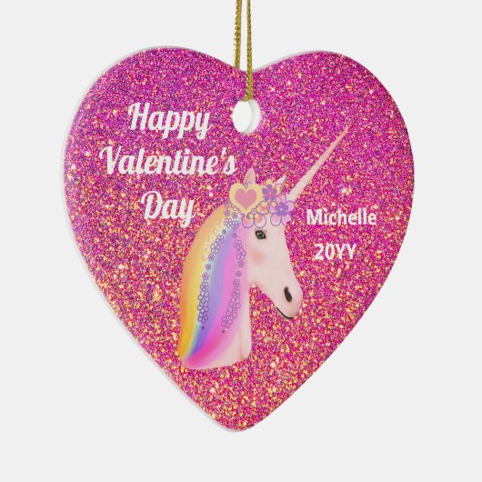 Valentines Unicorn Rosa Glitzer Personalisiert Keramik Ornament (Rechts)