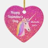 Valentines Unicorn Rosa Glitzer Personalisiert Keramik Ornament (Vorne)