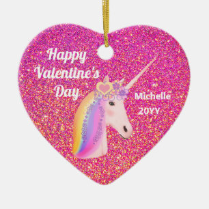 Valentines Unicorn Rosa Glitzer Personalisiert Keramik Ornament