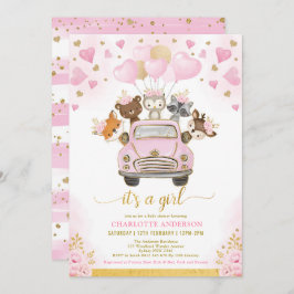 Valentines Woodland Pink Gold Balloons Babydusche Einladung