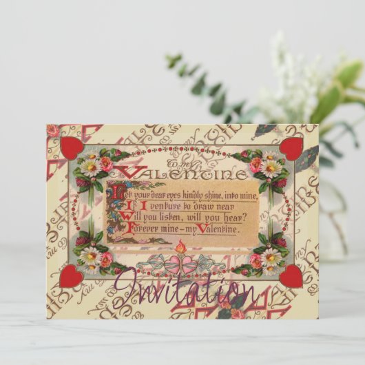 Valentingedicht mit Blume und Einladung (Stehend Vorderseite)
