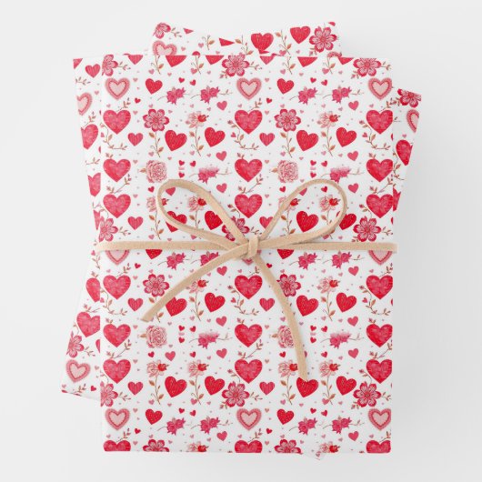 Valentinherzen und Blume in Rot und Rosa Geschenkpapier Set (Beispiel)