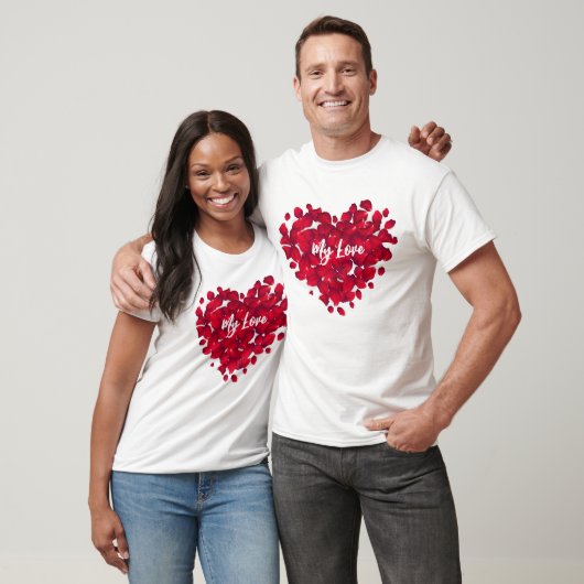Valentinin Couple Custom Heart Rose Petals White T-Shirt (Unisex)