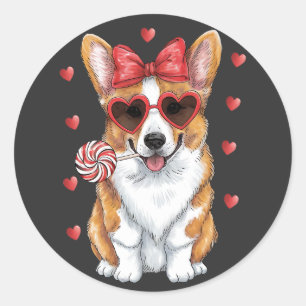 Valentinin Liebe mit Corgi Lollipop Leckerei. Runder Aufkleber
