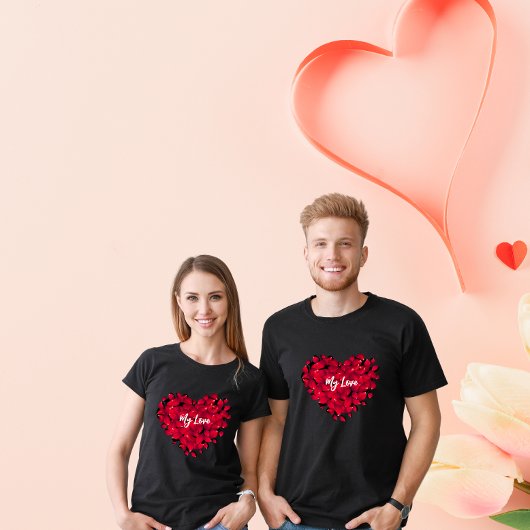 Valentinin's paar herzförmige Rose Petals Black T-Shirt