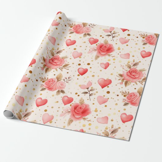Valentinins pinkfarbene Rose und Herzen Geschenkpapier (Ungerollt)