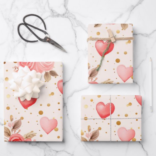 Valentinins pinkfarbene Rose und Herzen Geschenkpapier Set (Vorderseite)