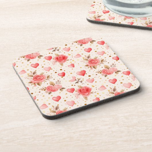 Valentinins pinkfarbene Rose und Herzen Getränkeuntersetzer (Linke Seite)