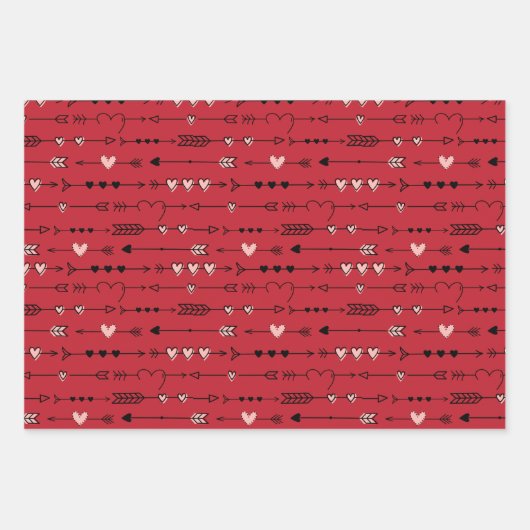Valentinin's Red Pink Hearts Arrows Hand gezogen Geschenkpapier Set (Vorderseite)