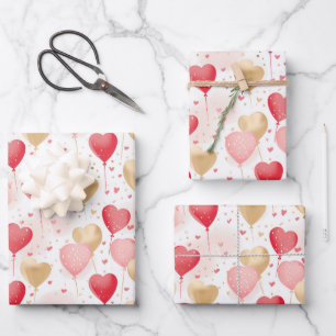 Valentinins rosa Rot- und Goldene Herzblasen Geschenkpapier Set