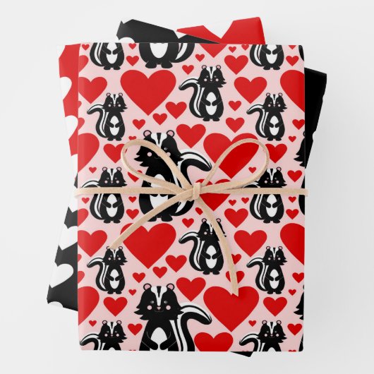 Valentinins rosa Skunk Herz Illustration Muster Geschenkpapier Set (Beispiel)