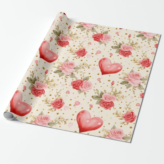 Valentinins Rosa und Rote Rosen und Herz Geschenkpapier (Ungerollt)