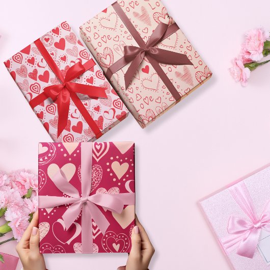 Valentinische Herzen in rosa Set von 3 Geschenkpapier Set