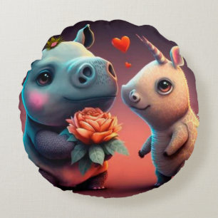 Valentinischer Hippo-Cartoon Rundes Kissen