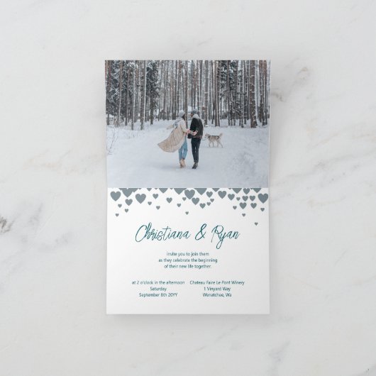 Valentinisches Hochzeit, Aquamarine grüne graue He Einladung (Innenseite)