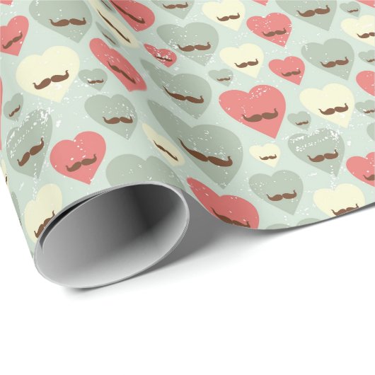 Valentinmuster mit Herz und Schnurrbart Geschenkpapier (Rolleneckpunkt)