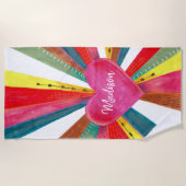 Valentinrosa Sonnenstrahlen Regenbogenretro Herz Strandtuch (Vorderseite)