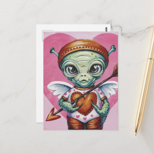 Valentins-Cupid-Alien Postkarte (Vorderseite/Rückseite Beispiel)
