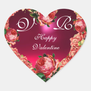 VALENTINS DACHHERZ MIT PINK ROSES MONOGRAM Herz-Aufkleber