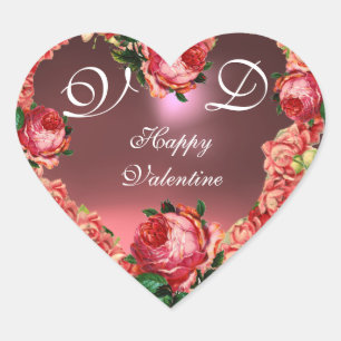 VALENTINS DACHHERZ MIT PINK ROSES MONOGRAM Herz-Aufkleber