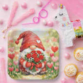 Valentins-Gnom mit rotem Rosenstrauß Pappteller (Party)