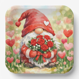 Valentins-Gnom mit rotem Rosenstrauß Pappteller