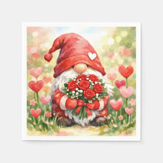 Valentins-Gnom mit rotem Rosenstrauß Serviette (Vorderseite)