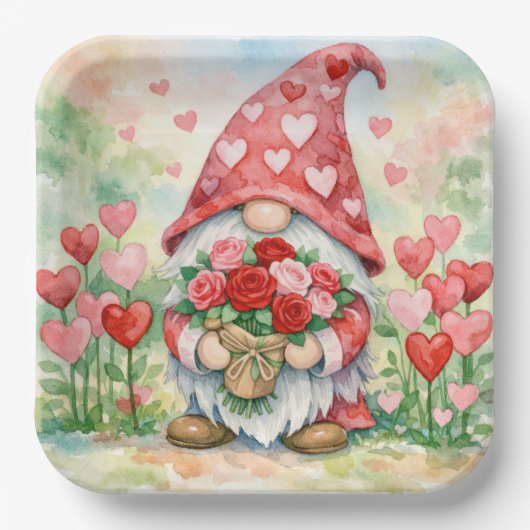 Valentins-Gnom mit roten Rosen Pappteller (Vorderseite)
