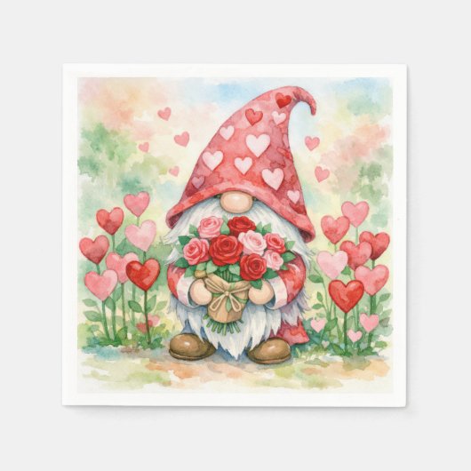 Valentins-Gnom mit roten Rosen Serviette (Vorderseite)