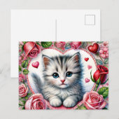 Valentins-Kätzchen mit roten Rosen Postkarte (Vorne/Hinten)