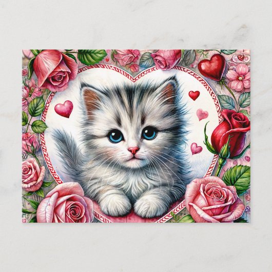 Valentins-Kätzchen mit roten Rosen Postkarte (Vorderseite)