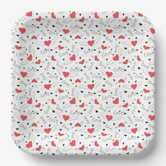 Valentins Liebesvogel rotes Herz Muster Pappteller (Vorderseite)